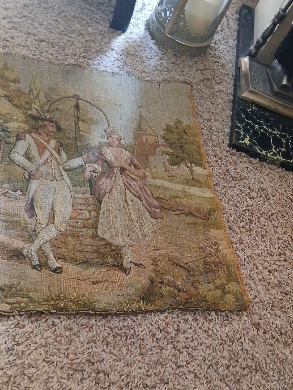 Vintage Tapestry Panel with Pastoral Couple in Soft Greens and Pinks - Picture 4 of 11